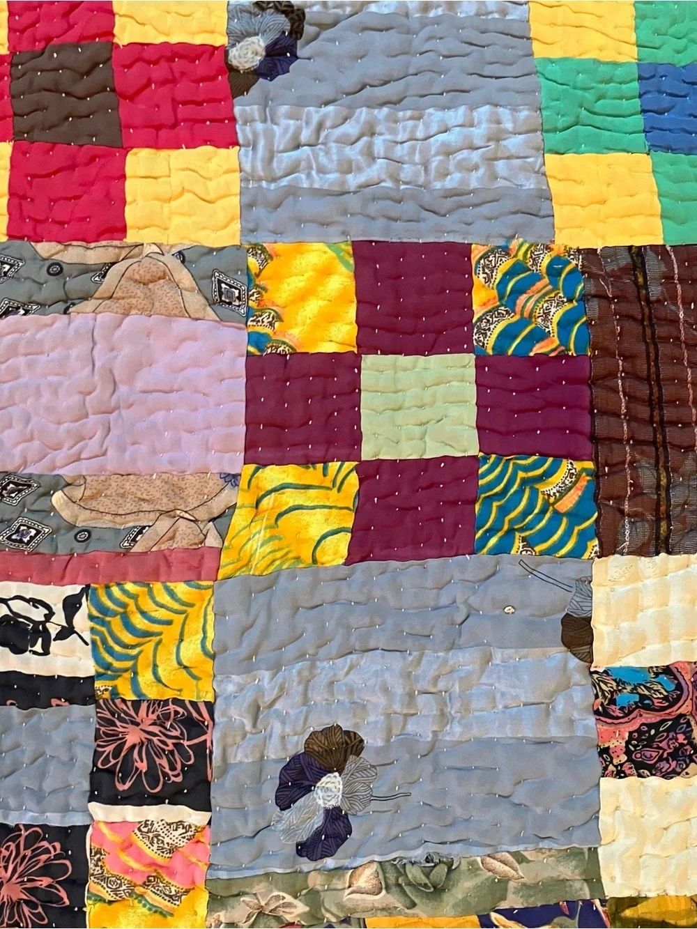 VTG Handmade Hand Quilted 9 Patch Kantha Scrap 60x84 Twin Throw Quilt Farmhouse